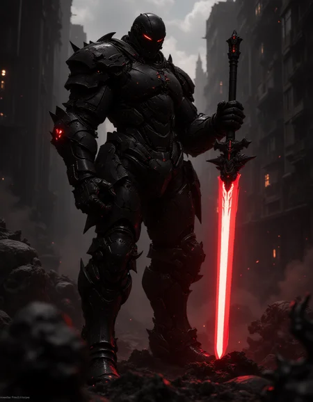 A black cyborg knight, cyborg armor, holding a red laser sword, dark planet black buildings, red light, cinematic, FredFraiStyle