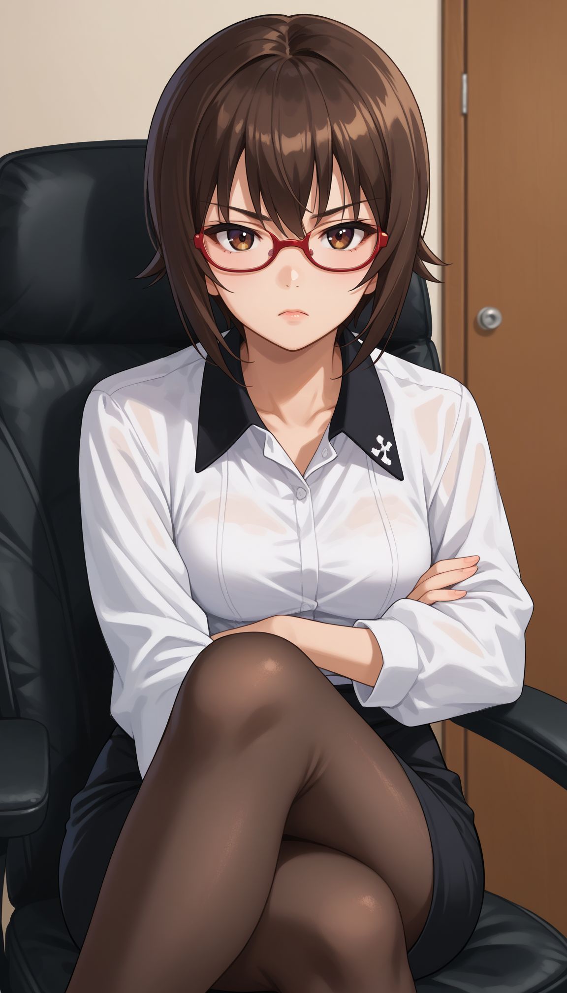 score_9, score_8_up, score_7_up, score_6_up, ,
, <lora:GUPMaho:1>
AAMiho, 1girl, brown hair, short hair, brown eyes, nishizumi maho,looking at you, sitting, crossed legs, swivel chair, glasses,, white shirt, collared shirt, long sleeves, black skirt, pencil skirt, black pantyhose, indoors, office, serious,