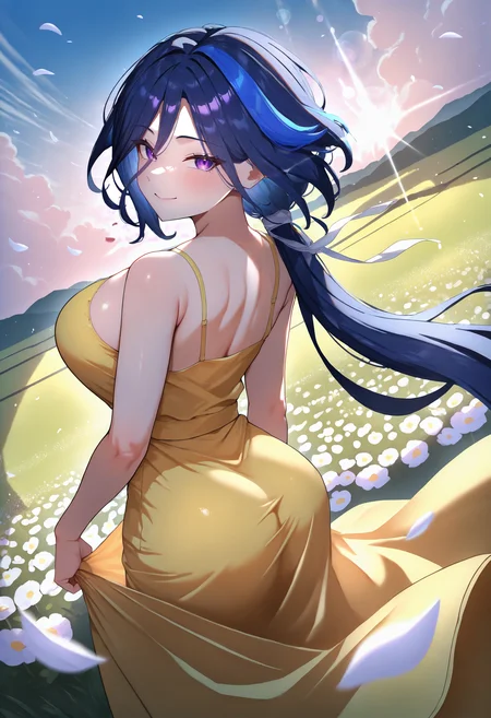masterpiece, best quality, newest, absurdres, highres, 1girl, clrndrnd, purple eyes, dark blue hair, streaked hair, low ponytail, large breasts, <lora:Clorinde_illusXLNoobAI_Incrs_v1-000012:1>,
dress grab, looking at viewer, happy, outdoors, field, flowers, sunbeam, wind, petals, lens flare, dutch angle, yellow sundress, from behind,