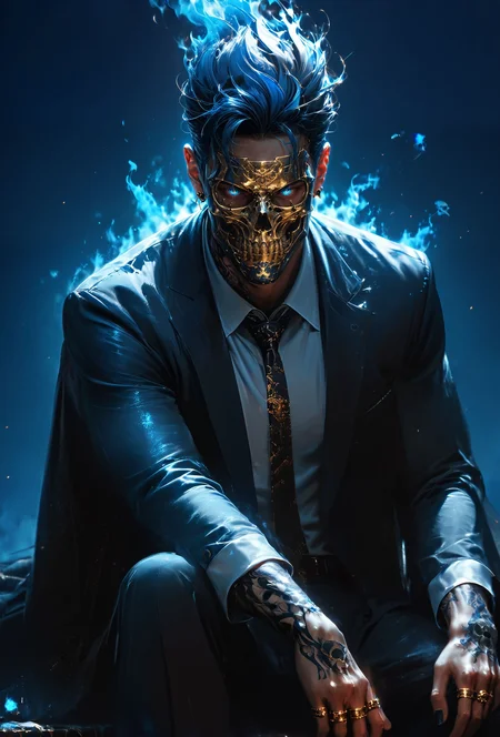 (score_9, score_8_up), score_7_up, 1boy, bara, blue hair, floating hair, Highly detailed RAW color Photo, shirt, long sleeves, glowing eyes, cowboy shot, jewelry, jacket, dimly lit room, gold chains, earrings, necktie, hand on knee, black nail polish, collared shirt, sitting, relaxed pose, necklace, black jacket, gradient background, tattoo, glowing, formal, ring, suit, cross, mask, skull mouth mask, metallic texture, blue theme, blue fire, multiple rings, hand tattoo, simple background, dark blue background, blue theme, gorgeous details, depth perception, backlighting, photorealistic, breathtaking scenery, perfectly rendered reflections, detailed cloth,
dark lighting, dof, depth of field, realistic, dark background, CINE, blue embers, low-key,
<lora:unholy-000009:0.8> <lora:CINE-000008:0.4>
<lora:sinfully_stylish_SDKL:0.5> <lora:xl_more_art-full_v1:0.4> <lora:zavy-cntrst-sdxl:0.7> <lora:hand 4:0.5>