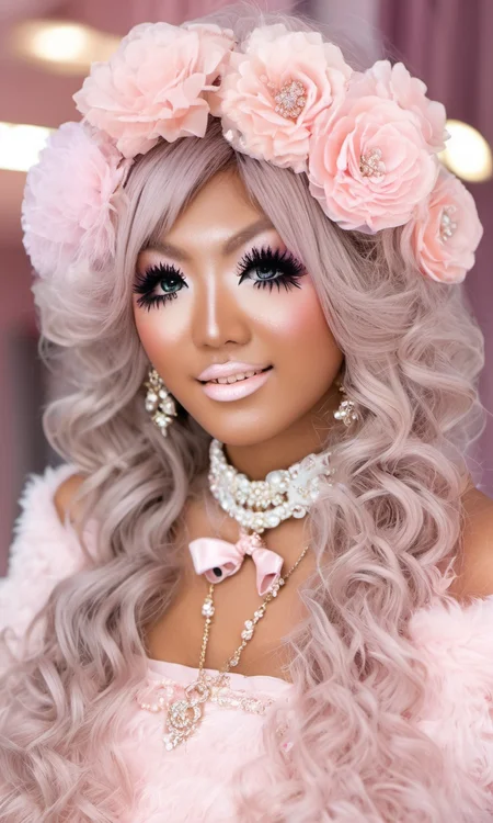 <lora:Gyaru:1> A dreamy gyaru girl dressed in a luxurious pastel princess-style dress, layered with lace and adorned with sparkling puffballs. Her flowing, voluminous curls frame her glowing face, enhanced by dazzling eyeshadow, glossy lips, and rhinestone-studded eyeliner. She wears pearl accessories, lace gloves, and a delicate choker. As she gracefully spins, the fabric shimmers under soft lighting, creating an ethereal yet fashionable atmosphere. The upper-body portrait highlights her radiant smile and captivating gaze, showcasing the elegance of a modern fairytale gyaru.