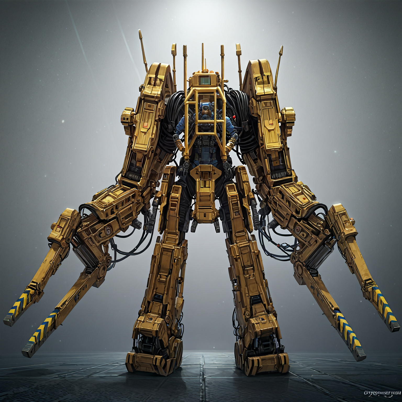 score_9, score_8_up, score_7_up, score_6_up, score_5_up, score_4_up, source_western, BREAK, pwrldr holding a weapon, science fiction, machine, mechanical arms, mechanical parts, black, armor, gatling gun, flamethrower, searchlight, emergeny light, siren,
