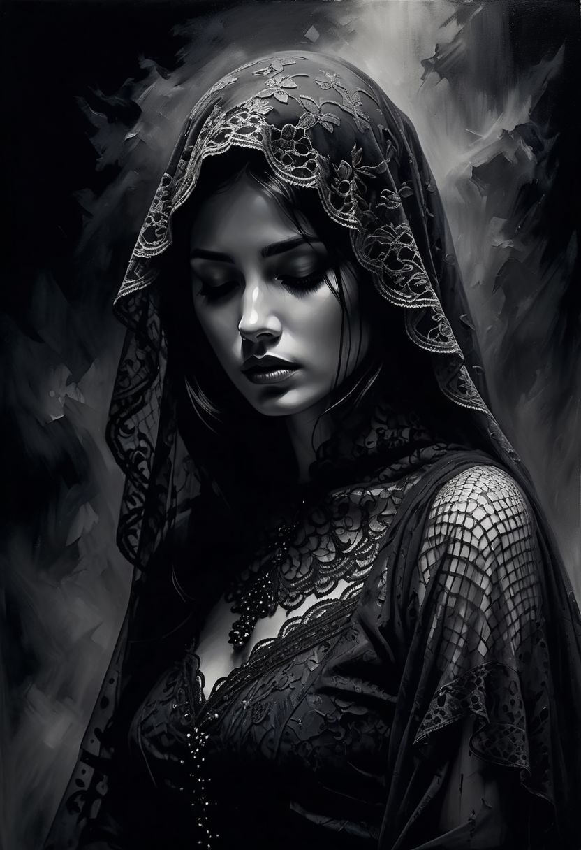 Oil painting featuring a figure embodying pain and sadness, lace accents adorning their form, plunged in a shimmering dark ambience, elements of fog mingling with sharp details in a play of contrast, black and white palette, emphasis on textured brushwork, expressive facial features partially veiled by shadows, chiaroscuro technique, volumetric atmosphere, ultra realistic, dramatic lighting