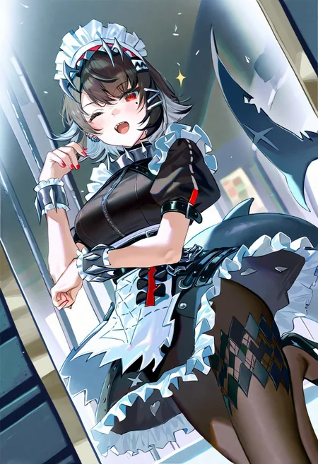 artist:wanke,artist:fuzichoco,artist:quasarcake,artist:diyokama
1girl,
ellen joe,
zenless zone zero,
solo,frown,black hair,red eyes,maid headdress,pantyhose,short sleeves,maid,high heels,dress,breasts,black footwear,puffy sleeves,frills,red nails,tail,short hair,black dress,wrist cuffs,bangs,puffy short sleeves,black pantyhose,frilled dress,earrings,mole under eye,shark tail,;d,blush,looking at viewer,one eye closed,open mouth,paw pose,smile,solo,standing,groin,mirror,notice lines,reflection,
masterpiece,best quality,newest,absurdres,highres,sensitive,