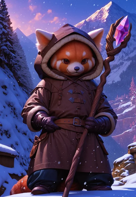score_9, score_8_up, score_7_up, score_6_up, score_5_up, score_4_up, Expressiveh, g0th1c, zPDXL3, colorful, detailed, high quality, ((((red panda)))), cartoon red panda, cute red panda ((cartoony background)), ((wearing wanderer clothes)), (((rugged clothes))), ((((hood on head)))), vagabond, walking staff in hand, staff, medieval, detailed background, from front, magical, outside, alone, standing, snowy, snow, (((blizzard))), snow storm, snowing, mountains, ((snowy peak)), traveling, rocks, cliffs, ((short and fat red panda)), short legs, ((brown robes)), small panda, fat panda, (large eyes), detailed face, visible tail, close-up, fluffy, animal body, gloves, ((large head)), ((oversized hood)), focus on face, medieval,  medieval fantasy, ((holding staff)), ((((grabbing staff)))), brown hood, kind look, dedicated face
