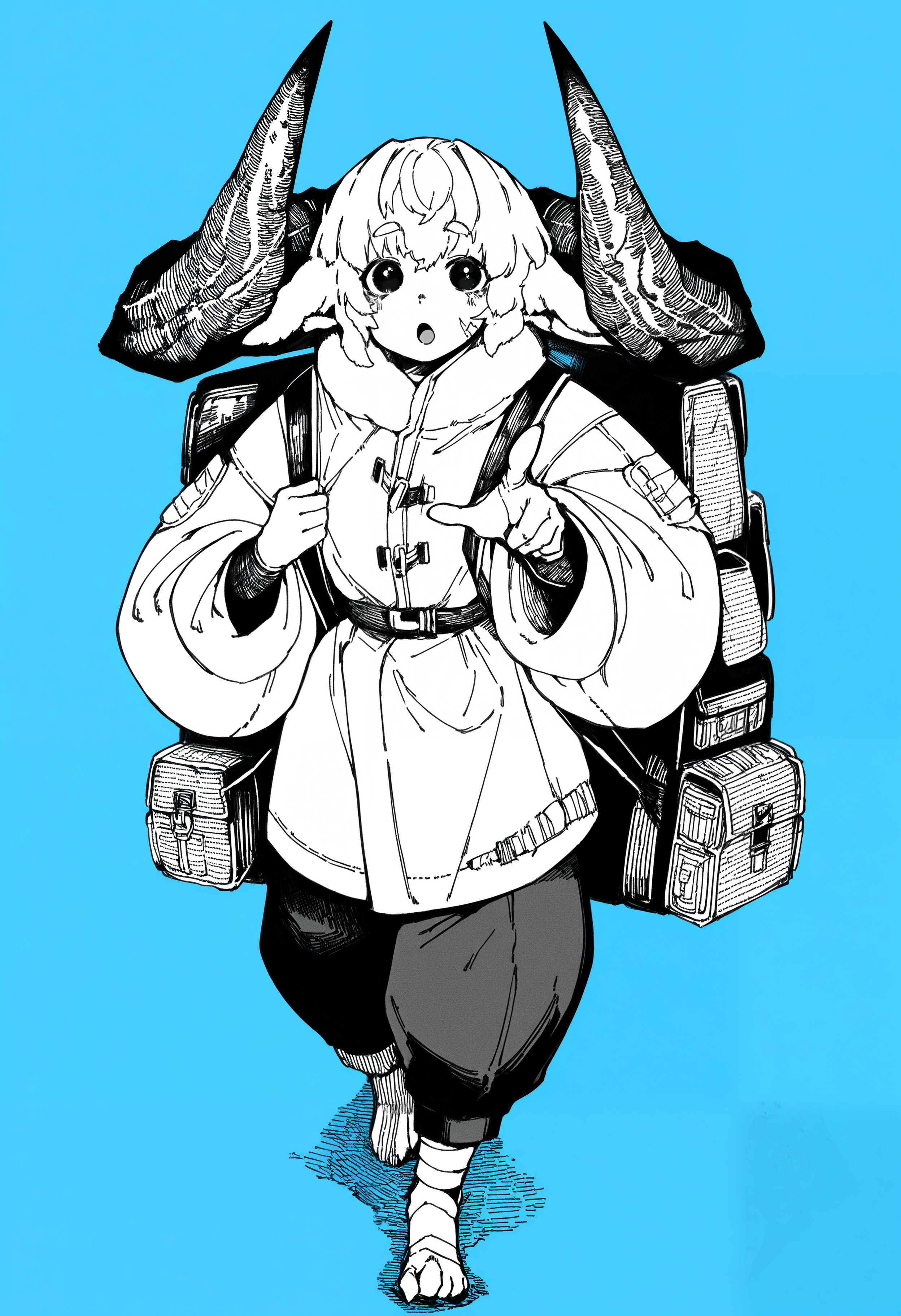 hatching \(texture\), monochrome,   1girl, solo, sheep horns, large horns, wooly clothing, thick coat, thick pants, bandaged leg, large backpack, oversized backpack, walking, from above, pointing at viewer, :O,   blue background,  masterpiece, best quality, amazing quality, absurdres, newest,   <lora:mikamuse>