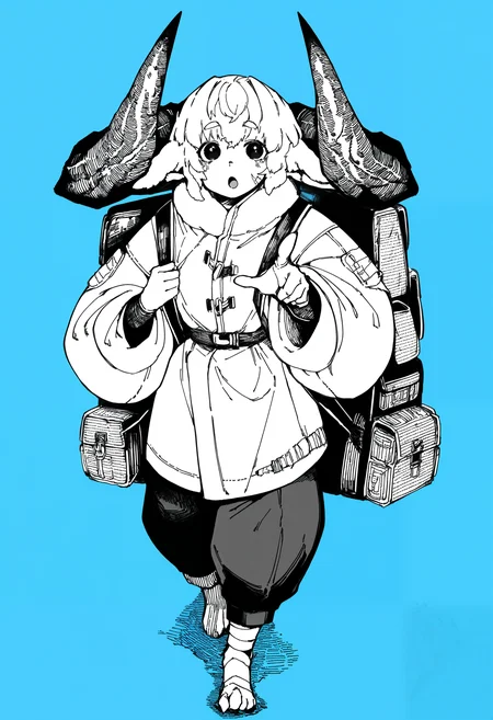hatching \(texture\), monochrome, 1girl, solo, sheep horns, large horns, wooly clothing, thick coat, thick pants, bandaged leg, large backpack, oversized backpack, walking, from above, pointing at viewer, :O, blue background, masterpiece, best quality, amazing quality, absurdres, newest, <lora:mikamuse>