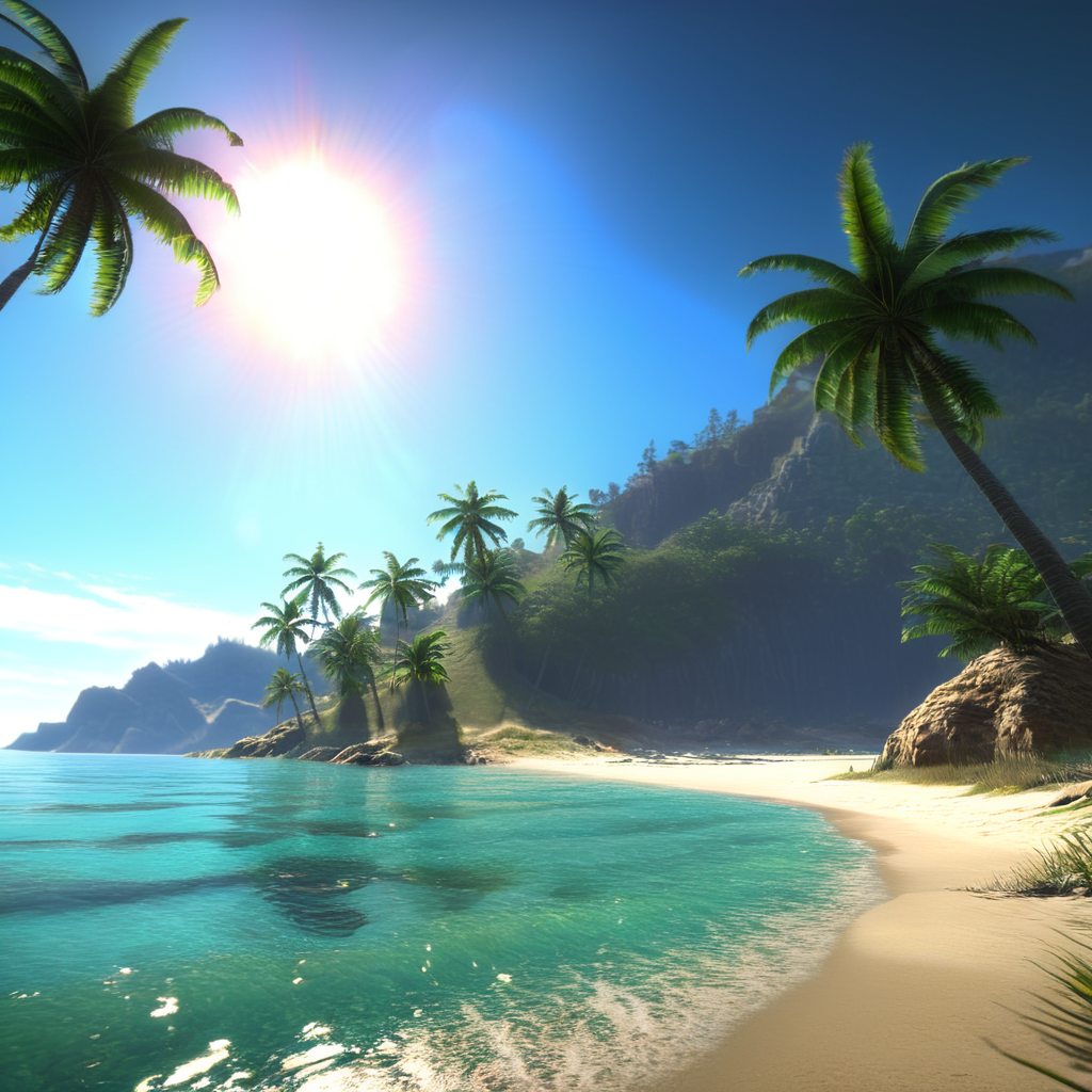 masterpiece,8k,absurd resolution, farcry,, tree, outdoors, scenery, palm tree, day, sky, sun, beach, blue sky, water, cloud, ocean, no humans, sand, sunlight,reflection, cg rendering, volume light, space art, bioluminescence, unreal engine 5, magic of light, unreal engine rendering, super wide angle, <lora:farcry_xl:0.81>,