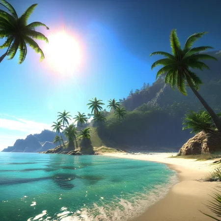 masterpiece,8k,absurd resolution, farcry,, tree, outdoors, scenery, palm tree, day, sky, sun, beach, blue sky, water, cloud, ocean, no humans, sand, sunlight,reflection, cg rendering, volume light, space art, bioluminescence, unreal engine 5, magic of light, unreal engine rendering, super wide angle, <lora:farcry_xl:0.81>,
