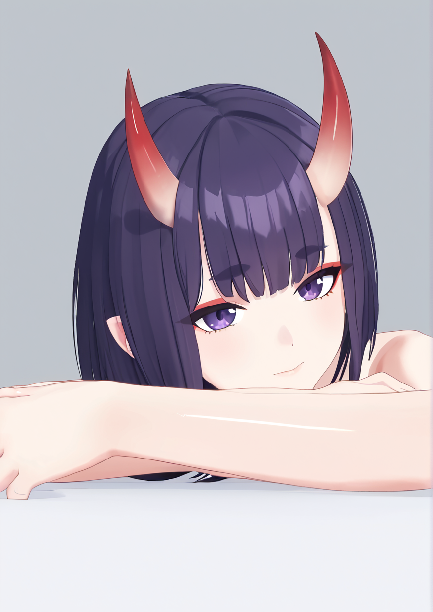 1girl, shuten douji (fate), huge breast, 3d, ass, bare shoulders, barefoot, bow, close-up, closed mouth, eyeshadow, feet, foot focus, foreshortening, gem, gradient horns, green gemstone, grey background, head rest, horns, looking at viewer, looking back, lying, makeup, medium hair, multicolored horns, on back, on stomach, oni, oni horns, petite, pink bow, purple eyes, purple hair, red eyeshadow, shiny skin, skin-covered horns, soles, solo, the pose, toenails, toes, <lora:blue_archive_Official_3d_models_style:1>