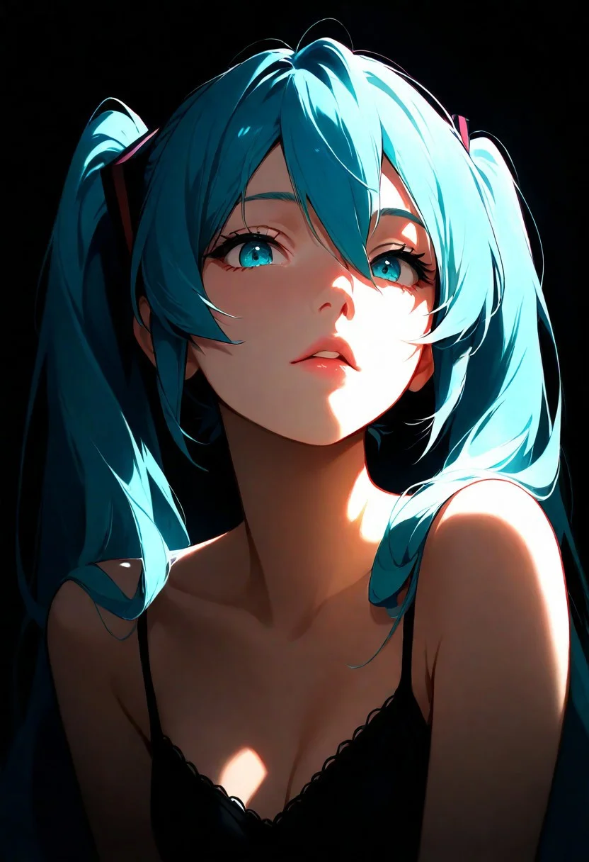 1girl, hatsune_miku, lips, thin lips, parted lips, solo, looking at viewer, camisole, upper body, dark, underlightling, masterpiece, best quality, very aesthetic