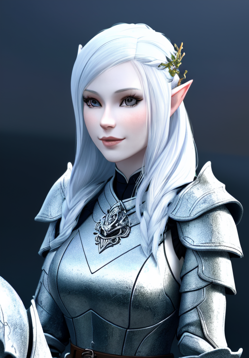 a woman, sfw, <lora:Snow_Elves-Female:0.8>, Snow_Elves-Female, 1girl, solo, armor, sitting, smile, portrait,, porcelain skin, diamond body, smooth, clear skin, (masterpiece, best quality, absurdres, detailed, ultra-detailed:1.3), gorgeous, (trending on CGSociety, trending on pixiv, contest winner:1.3)