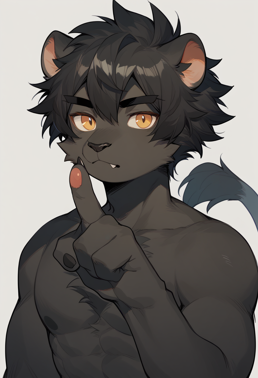 score_9, score_8_up, score_7_up, high quality, hi res, by milkybot, furry, tail, short hair, lion boy, nude, black body, chest tuft, rawr gesture, solo, looking at viewer, black hair, simple background, <lora:Milkybot_style:1>