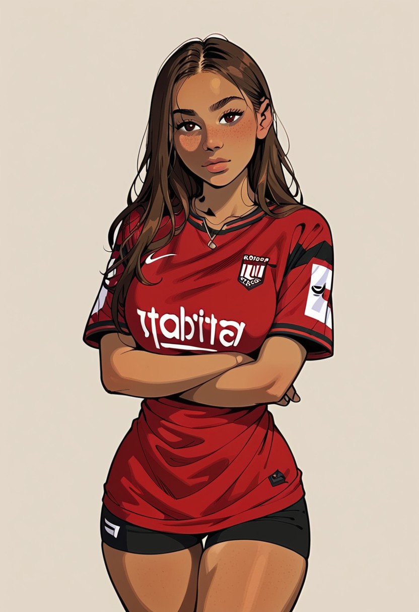 score_9, score_8_up, score_7_up, flat colors, flat illustration, lineart, highly detailed, ultra-detailed, 1girl, solo, 20 years old, tan skin, sexy, brown eyes, brown hair, long dark brown hair, straight hair, oval face, round face, squinty eyes, footballshirt, tinyshorts, red footballshirt, black tinyshorts, hiddenshorts, arms crossed, (((thick, 4 foot 11, short torso, short legs))), juicy body, juicy, wide hips, huge perfect round breasts, huge boobs, juicy thighs, g0thicPXL, looking at viewer, standing,