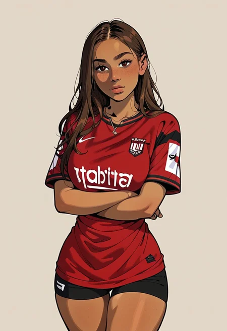 score_9, score_8_up, score_7_up, flat colors, flat illustration, lineart, highly detailed, ultra-detailed, 1girl, solo, 20 years old, tan skin, sexy, brown eyes, brown hair, long dark brown hair, straight hair, oval face, round face, squinty eyes, footballshirt, tinyshorts, red footballshirt, black tinyshorts, hiddenshorts, arms crossed, (((thick, 4 foot 11, short torso, short legs))), juicy body, juicy, wide hips, huge perfect round breasts, huge boobs, juicy thighs, g0thicPXL, looking at viewer, standing,