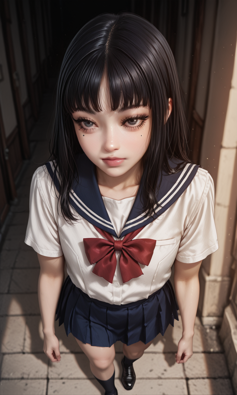 1girl, tomi3, black hair, bangs, sailor school uniform, red bow, white shirt, blue skirt, shoes, mole, lips, eyelashes, dramatic lighting, dark lighting, contrast lighting, walking, from above, alleyway, embedding:IllustriousQual, embedding:Smooth Quality, 1girl, tomi3, black hair, bangs, sailor school uniform, red bow, white shirt, blue skirt, shoes, mole, lips, eyelashes, dramatic lighting, dark lighting, contrast lighting, walking, from above, alleyway, embedding:IllustriousQual, embedding:Smooth Quality,<lora:MoriiMee_Gothic_Niji_Style_Illustrious_r1.safetensors:0.2:0.2> <lora:tomi3.safetensors:1:1>
