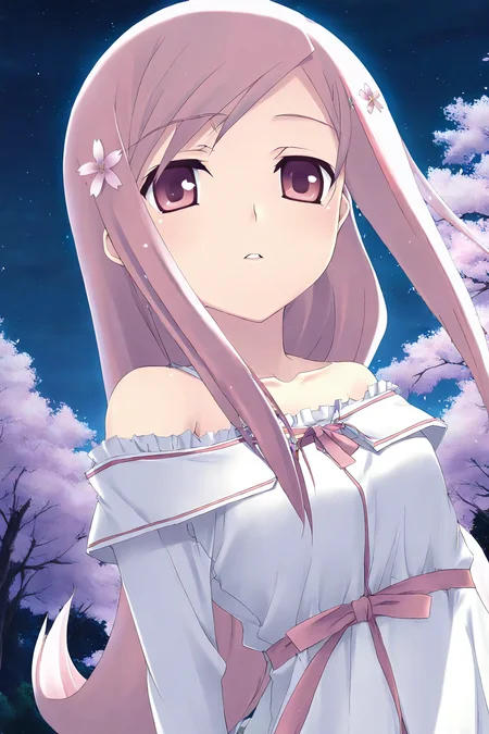<lora:LucyMariaMisora:0.8>, Ruuko, 1girl, solo, hair ornament, flower, hair flower, looking at viewer, pink flower,upper body, cherry blossoms, bare shoulders, dress, collarbone, night, sky, tree, branch, off shoulder, outdoors, parted lips, night sky