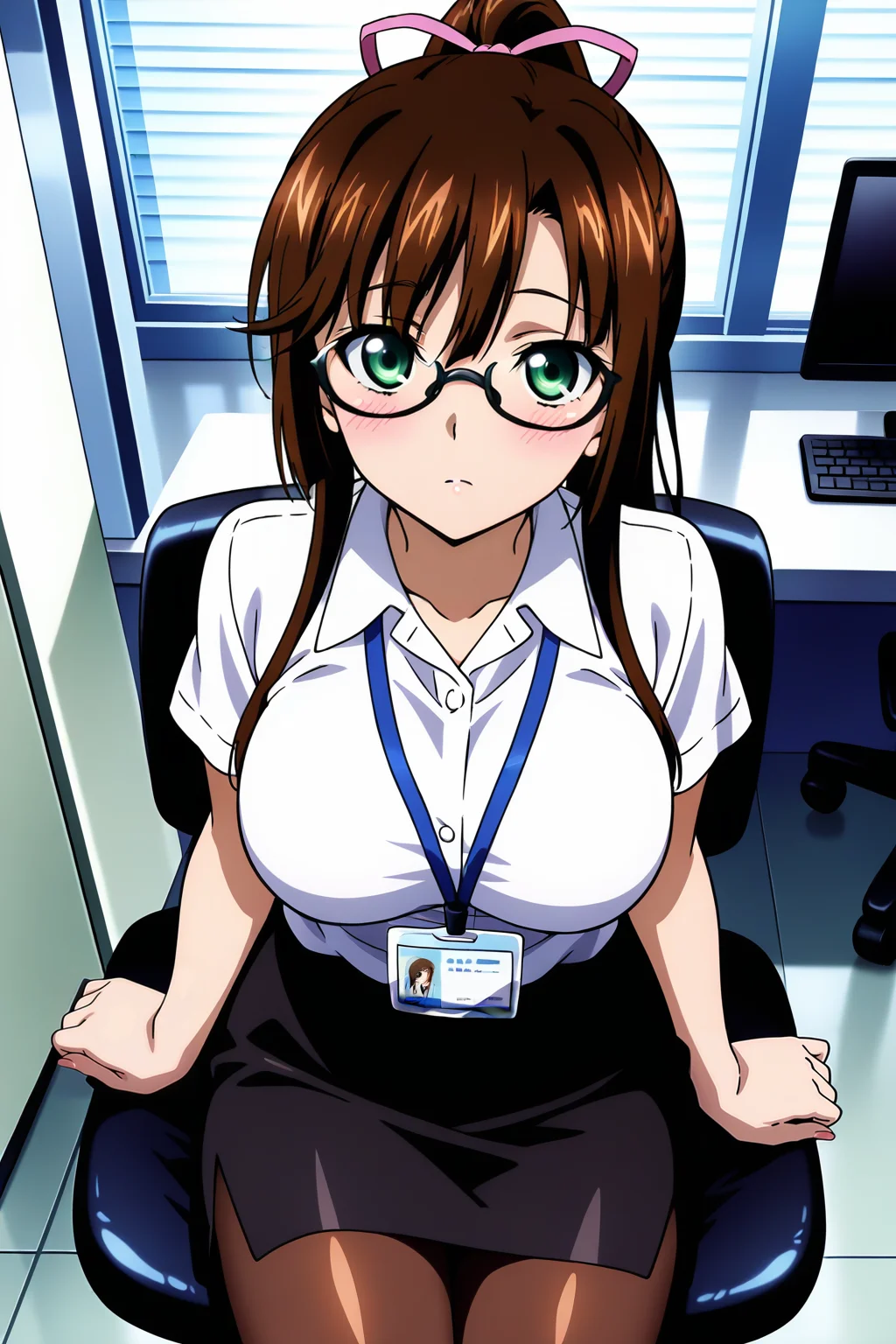 anime screenshot, strike the blood, 1girl, solo, kirasaka sayaka, brown hair, long hair, ponytail, high ponytail, hair ribbon, pink ribbon, green eyes, glasses, black-framed eyewear, large breasts, office lady, white shirt, collared shirt, short sleeves, black skirt, pencil skirt, brown pantyhose, lanyard, id card, looking at viewer, sitting, cowboy shot, office, office chair, indoors, masterpiece, best quality, high quality, highres, absurdres, <lora:kirasaka_sayaka_ILXL:0,9>