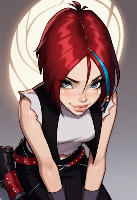 score_9, score_8_up, score_7_up, ( realistic:1.4), source_cartoon, source_western,
artificial light source, rating_lewd, 
1girl, (((solo))), solo focus,
20 years old, 
xmirtax, red hair, short hair, blue eyes, streaked hair, freckles, 
medium breasts, 
(white shirt, sleeveless, vest, black skirt, loose belt, pants, boots), 
teasing, (beautiful face, beautiful eyes, beautiful makeup, eyeliner, eyeshadow, long eyelashes, sexy smile, soft lips, full lips, seductive), dynamic sexy pose, sexy smile, aroused, horny, looking at viewer, very sexy, very cute, shiny skin, Expressiveh,