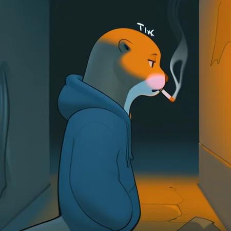 <lora:Inkune-09:0.8>inkune,
masterpiece,best quality,amazing quality, sfw,
BREAK
solo, otter, male, no human,
BREAK
1boy, no hair, fussy hair, displeasure expression, tired, hoodie, hood,
standing, smocking,
from side, half body, night, dark ambient, cigarette light, alley, focus face