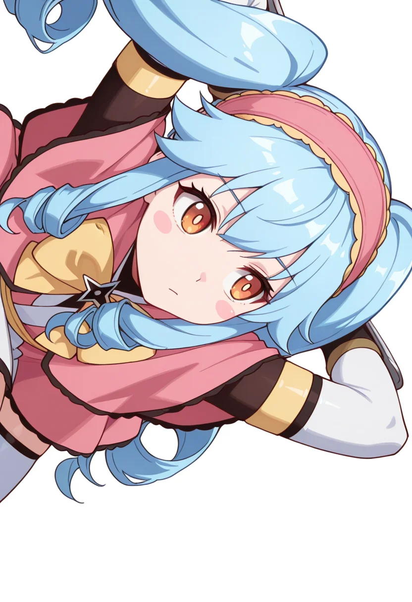 masterpiece,high quality details, absurdres, 
lying, hands behind head, knee bent, relaxed, casual,  ,
 <lora:Michiru_Kusagakure:0.8>
ninja,michiru_cnr, 1girl, blue hair, long hair, twintails, drill hair, sidelocks, orange eyes, blush stickers,
dress, pink capelet,fingerless gloves, elbow gloves, white thighhighs, hairband, yellow bow,yelow armlet,, :c,, simple background, white background, sideways,solo,