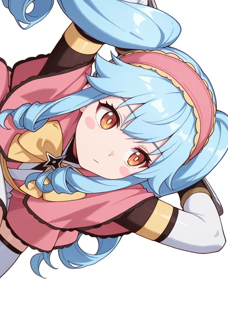 masterpiece,high quality details, absurdres,
lying, hands behind head, knee bent, relaxed, casual, ,
<lora:Michiru_Kusagakure:0.8>
ninja,michiru_cnr, 1girl, blue hair, long hair, twintails, drill hair, sidelocks, orange eyes, blush stickers,
dress, pink capelet,fingerless gloves, elbow gloves, white thighhighs, hairband, yellow bow,yelow armlet,, :c,, simple background, white background, sideways,solo,