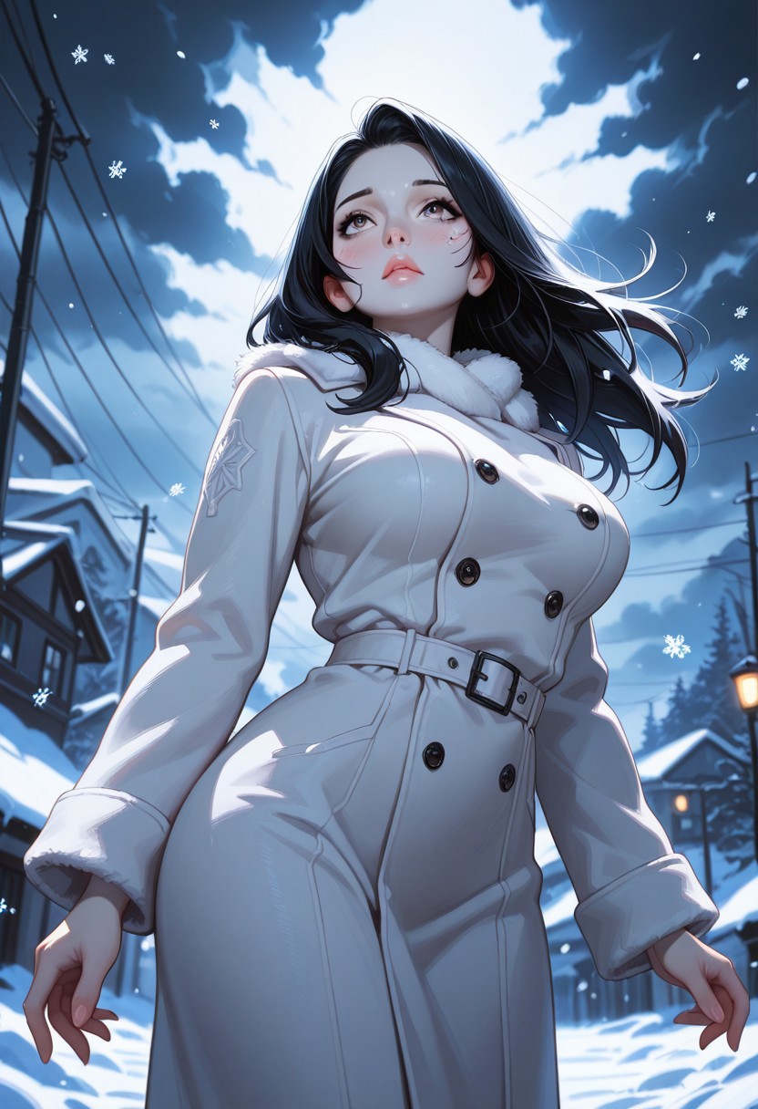 masterpiece, best quality, amazing quality, very aesthetic, (flat colors:1), (Artist:ilya kuvshinov:1), (realistic:1.4), 1MILF, 35yo, curvy waist, large breasts, pale skin, long black hair, wearing a white fur coat, standing in snow, looking up at sky, expression of wonder, snowflakes on skin, cold breath visible, dark clouds, streetlights glowing, faint scent of winter. BREAK snow falling, hair slightly covered in snow, coat slightly open, motion_lines:1.5, motion_blur:1.5. BREAK atmospheric, emotional, raw sensuality, dynamic light, cold_light, soft focus, depth of field, cinematic composition
