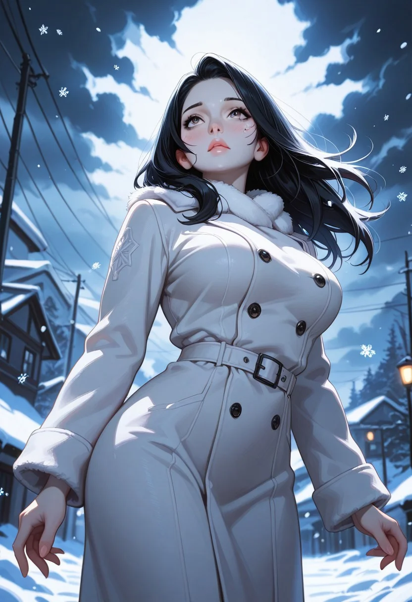 masterpiece, best quality, amazing quality, very aesthetic, (flat colors:1), (Artist:ilya kuvshinov:1), (realistic:1.4), 1MILF, 35yo, curvy waist, large breasts, pale skin, long black hair, wearing a white fur coat, standing in snow, looking up at sky, expression of wonder, snowflakes on skin, cold breath visible, dark clouds, streetlights glowing, faint scent of winter. BREAK snow falling, hair slightly covered in snow, coat slightly open, motion_lines:1.5, motion_blur:1.5. BREAK atmospheric, emotional, raw sensuality, dynamic light, cold_light, soft focus, depth of field, cinematic composition
