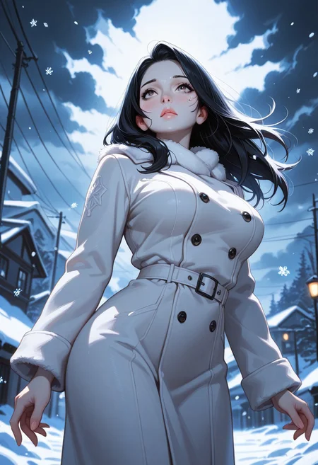 masterpiece, best quality, amazing quality, very aesthetic, (flat colors:1), (Artist:ilya kuvshinov:1), (realistic:1.4), 1MILF, 35yo, curvy waist, large breasts, pale skin, long black hair, wearing a white fur coat, standing in snow, looking up at sky, expression of wonder, snowflakes on skin, cold breath visible, dark clouds, streetlights glowing, faint scent of winter. BREAK snow falling, hair slightly covered in snow, coat slightly open, motion_lines:1.5, motion_blur:1.5. BREAK atmospheric, emotional, raw sensuality, dynamic light, cold_light, soft focus, depth of field, cinematic composition
