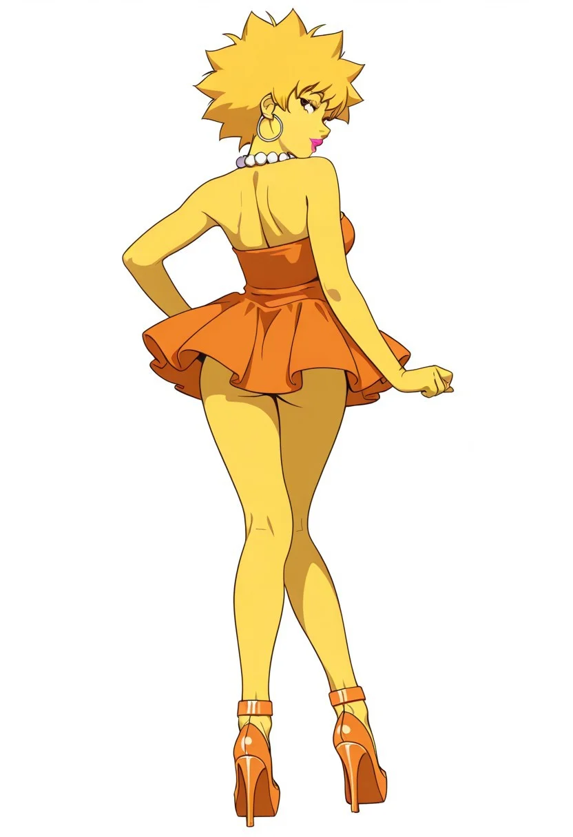 anime coloring, lineless, realistic cartoon,
flat colors, lisa simpson, yellow skin, pearl necklace, orange tube dress, earrings, lipstick, official art, orange footwear high stiletto heel, ankle straps shoes, tilt head
Solo, pose, looking at viewer, white background, simple background, masterpiece, best quality, amazing quality, intricate ditails, , attractive exciting, seductive pose,
Standing, from behind view,ass, butt