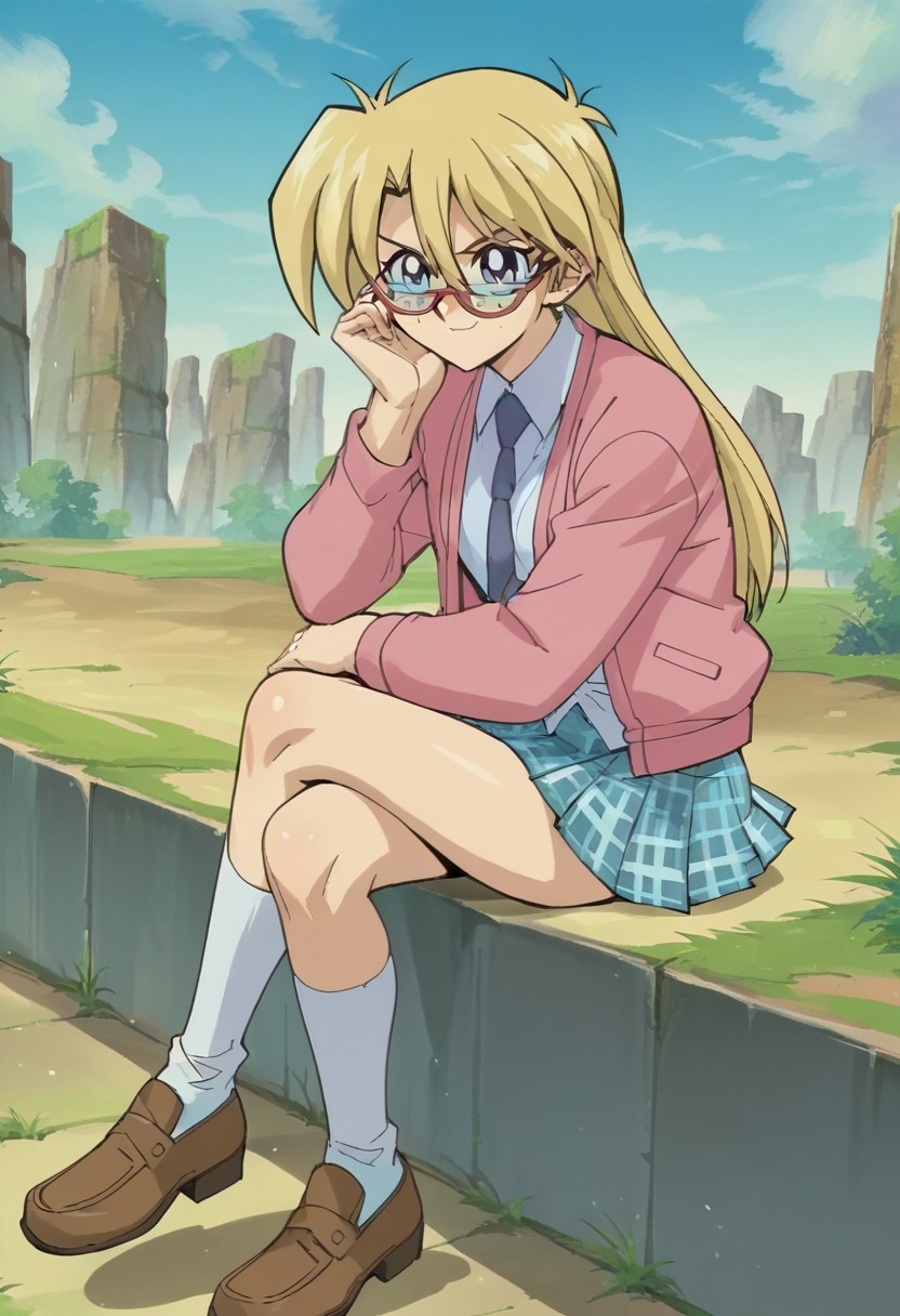 uncensored, score_9__up, score_9, score_8_up, score_8, score_7_up, score_7, score_6_up, score_6, score_5_up, source_anime, anime screencap, anime coloring, highres
smug, sitting, crossed legs, outdoors, 1girl
YGORebecHawki, 1girl, Blonde Hair, freckles, blue eyes, RH2, long hair, hair between eyes, glasses, semi-rimless eyewear, red-framed eyewear, pink sweater, jacket, white collared shirt, blue necktie, teal skirt, plaid skirt, sock, brown footwear, loafers,
