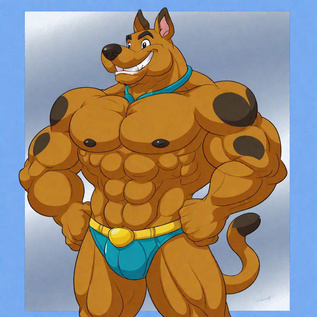 solo, looking at viewer, smile, 1boy, navel, animal ears, underwear, nipples, tail, full body, male focus, thighs, penis, stomach, muscular, thick thighs, erection, abs, thick eyebrows, pectorals, muscular male, bara, furry, large pectorals, bulge, topless male, hands on hips, furry male, male underwear, erection under clothes, biceps, brown fur, dog boy, orange fur