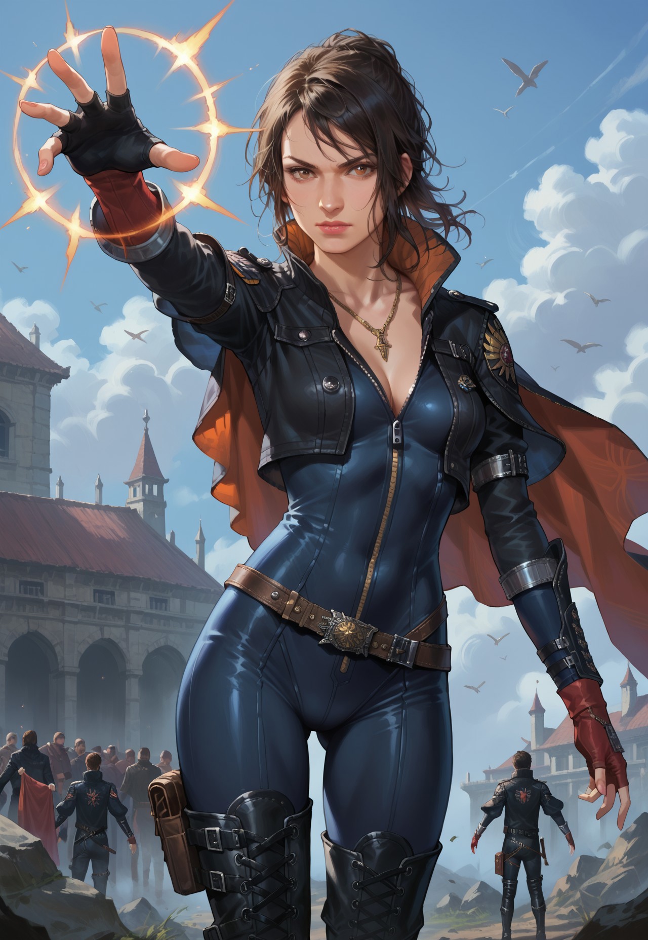 Score_9_up, score_8_up, score_7_up, source_realistic, BREAK serious, 1girl, solo, CroweFFXV, bodysuit, thigh boots, cropped jacket, cape, fingerless gloves, necklace, outstretched arm, magic, windy, 