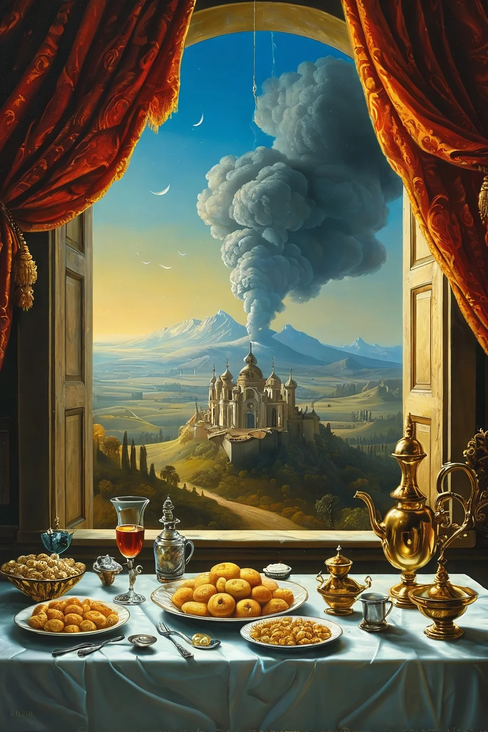Baroque, Baroque, landscape,creator landscape, "something strange in my cereal!!!!!! 🥣, by zdzislaw beksinski, by dariusz zawadzki, by john jude palencar, gothic, surrealism, cosmic horror, lovecraftian, cold hue's, warm tone gradient background, concept art, close up, scene in dining room, beautiful composition",
<lora:clear:0.15> style of Michael Cheval.
<lora:greg_rutkowski_xl_2:0.3> greg rutkowski,
clear <lora:tbh129-sdxl:0.3>,
<lora:extremely_detailed:0.7> extremely detailed ,
<lora:add-detail-xl:0.7>,, Fantasy painting art style, imaginative, dynamic composition, professional-grade execution, creates immersive world and landscape, painterly, epic, magical, dramatic, exuberant, grandeur, baroque art, oil painting art style from Renaissance period, masterful composition, Renaissance mood, renaissance oil painting, brush strokes, dramatic, exuberant, grandeur, baroque art