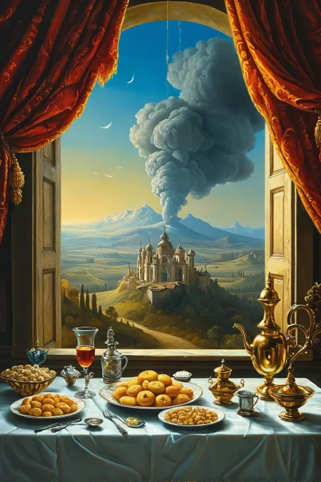 Baroque, Baroque, landscape,creator landscape, "something strange in my cereal!!!!!! 🥣, by zdzislaw beksinski, by dariusz zawadzki, by john jude palencar, gothic, surrealism, cosmic horror, lovecraftian, cold hue's, warm tone gradient background, concept art, close up, scene in dining room, beautiful composition",
<lora:clear:0.15> style of Michael Cheval.
<lora:greg_rutkowski_xl_2:0.3> greg rutkowski,
clear <lora:tbh129-sdxl:0.3>,
<lora:extremely_detailed:0.7> extremely detailed ,
<lora:add-detail-xl:0.7>,, Fantasy painting art style, imaginative, dynamic composition, professional-grade execution, creates immersive world and landscape, painterly, epic, magical, dramatic, exuberant, grandeur, baroque art, oil painting art style from Renaissance period, masterful composition, Renaissance mood, renaissance oil painting, brush strokes, dramatic, exuberant, grandeur, baroque art