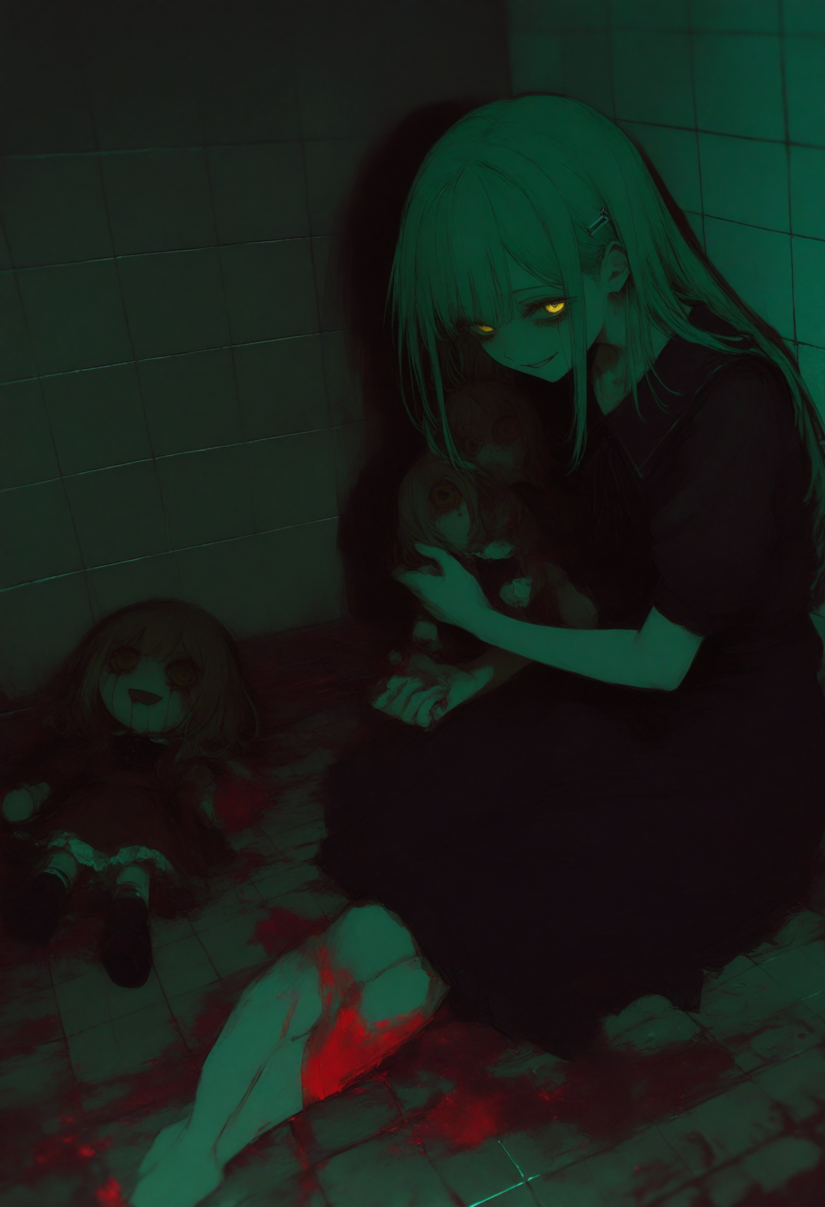 wakaba mutsumi, bang dream!, bang dream! it's mygo!!!!!, 
realistic, photo background, glitch, dark theme, horror \(theme\), hairpin, ave mujica \(bang dream!\), mortis \(bang dream!\), holding doll, crying, streaming tears, green hair, yellow eyes, sitting, blood, blood splatter, looking at viewer, corpse, dress, empty eyes, tiles, tile floor, dark background, pool of blood, black dress, holding, doll, short sleeves, blood stain, hair ornament, tears, smile, blood on face, long hair, death, tile wall,
In the dark, eerie setting of this image by artist 1473exyrobutts, a young girl with long green hair and striking yellow eyes is seated on a tiled floor. Her face bears the marks of blood, adding to her somber appearance. She holds a doll in her lap, also covered in blood, suggesting a sense of loss or grief. The overall atmosphere is one of horror and melancholy, characteristic of the Bang Dream! series.
masterpiece, best quality, photo-referenced
 <lora:748cm-NoobEPS100-lokr-v03-000080:1>