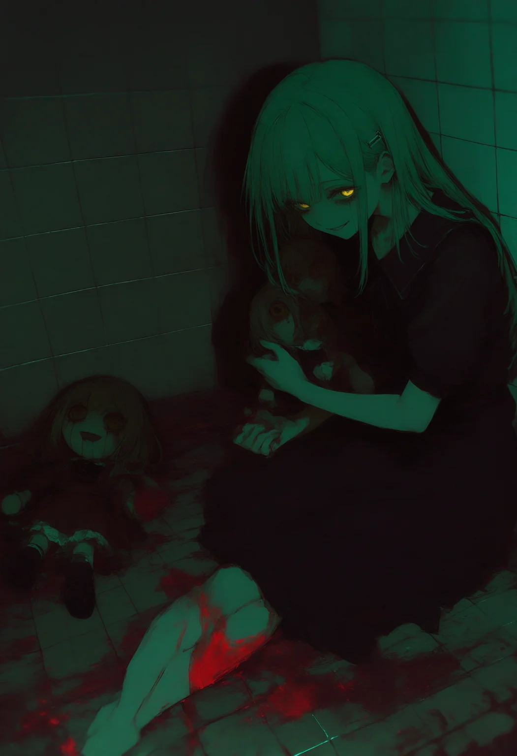 wakaba mutsumi, bang dream!, bang dream! it's mygo!!!!!,
realistic, photo background, glitch, dark theme, horror \(theme\), hairpin, ave mujica \(bang dream!\), mortis \(bang dream!\), holding doll, crying, streaming tears, green hair, yellow eyes, sitting, blood, blood splatter, looking at viewer, corpse, dress, empty eyes, tiles, tile floor, dark background, pool of blood, black dress, holding, doll, short sleeves, blood stain, hair ornament, tears, smile, blood on face, long hair, death, tile wall,
In the dark, eerie setting of this image by artist 1473exyrobutts, a young girl with long green hair and striking yellow eyes is seated on a tiled floor. Her face bears the marks of blood, adding to her somber appearance. She holds a doll in her lap, also covered in blood, suggesting a sense of loss or grief. The overall atmosphere is one of horror and melancholy, characteristic of the Bang Dream! series.
masterpiece, best quality, photo-referenced
<lora:748cm-NoobEPS100-lokr-v03-000080:1>