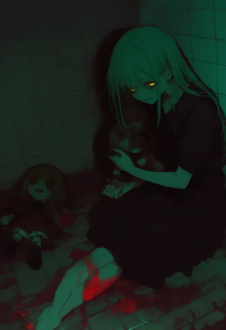 wakaba mutsumi, bang dream!, bang dream! it's mygo!!!!!,
realistic, photo background, glitch, dark theme, horror \(theme\), hairpin, ave mujica \(bang dream!\), mortis \(bang dream!\), holding doll, crying, streaming tears, green hair, yellow eyes, sitting, blood, blood splatter, looking at viewer, corpse, dress, empty eyes, tiles, tile floor, dark background, pool of blood, black dress, holding, doll, short sleeves, blood stain, hair ornament, tears, smile, blood on face, long hair, death, tile wall,
In the dark, eerie setting of this image by artist 1473exyrobutts, a young girl with long green hair and striking yellow eyes is seated on a tiled floor. Her face bears the marks of blood, adding to her somber appearance. She holds a doll in her lap, also covered in blood, suggesting a sense of loss or grief. The overall atmosphere is one of horror and melancholy, characteristic of the Bang Dream! series.
masterpiece, best quality, photo-referenced
<lora:748cm-NoobEPS100-lokr-v03-000080:1>