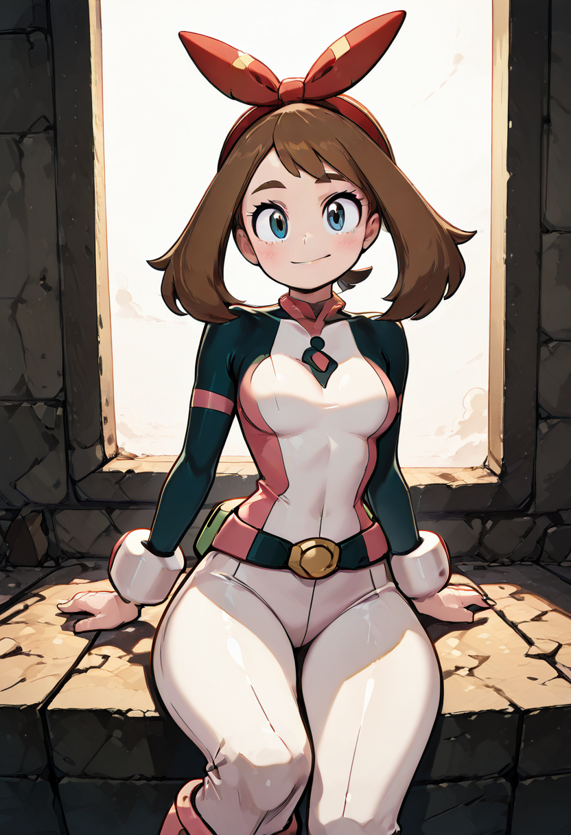 masterpiece, best quality, 1girl, eyelashes, (beautiful eyes), looking at viewer, smile, narrow waist, wide hips,  sitting,  zzMayOchako, blue eyes, brown hair, medium hair, red hairband, knee boots, belt, bodysuit,   (foreshortening),  ,<lora:MayOchakoPokemon_IXL:1.0>, , smile, looking at viewer, cowboy shot,  <lora:DiivesIXL:0.8>,