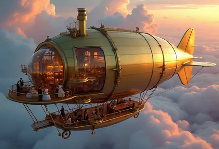 Steampunk Zeppelin Cruise: A luxurious, floating zeppelin glides effortlessly through the clouds, its brass exterior gleaming in the sunlight. The airship's intricate propellers churn gently as it sails across a sky filled with pink and purple hues from the setting sun. Onboard, wealthy passengers in elegant Victorian attire sip champagne on the deck, their outfits adorned with tiny clockwork accessories and mechanical gadgets. Inside the zeppelin, lavish interiors of polished wood, velvet, and gold trim create an air of opulence. The scene is one of refinement and grandeur, where cutting-edge technology meets high society on an airborne voyage.