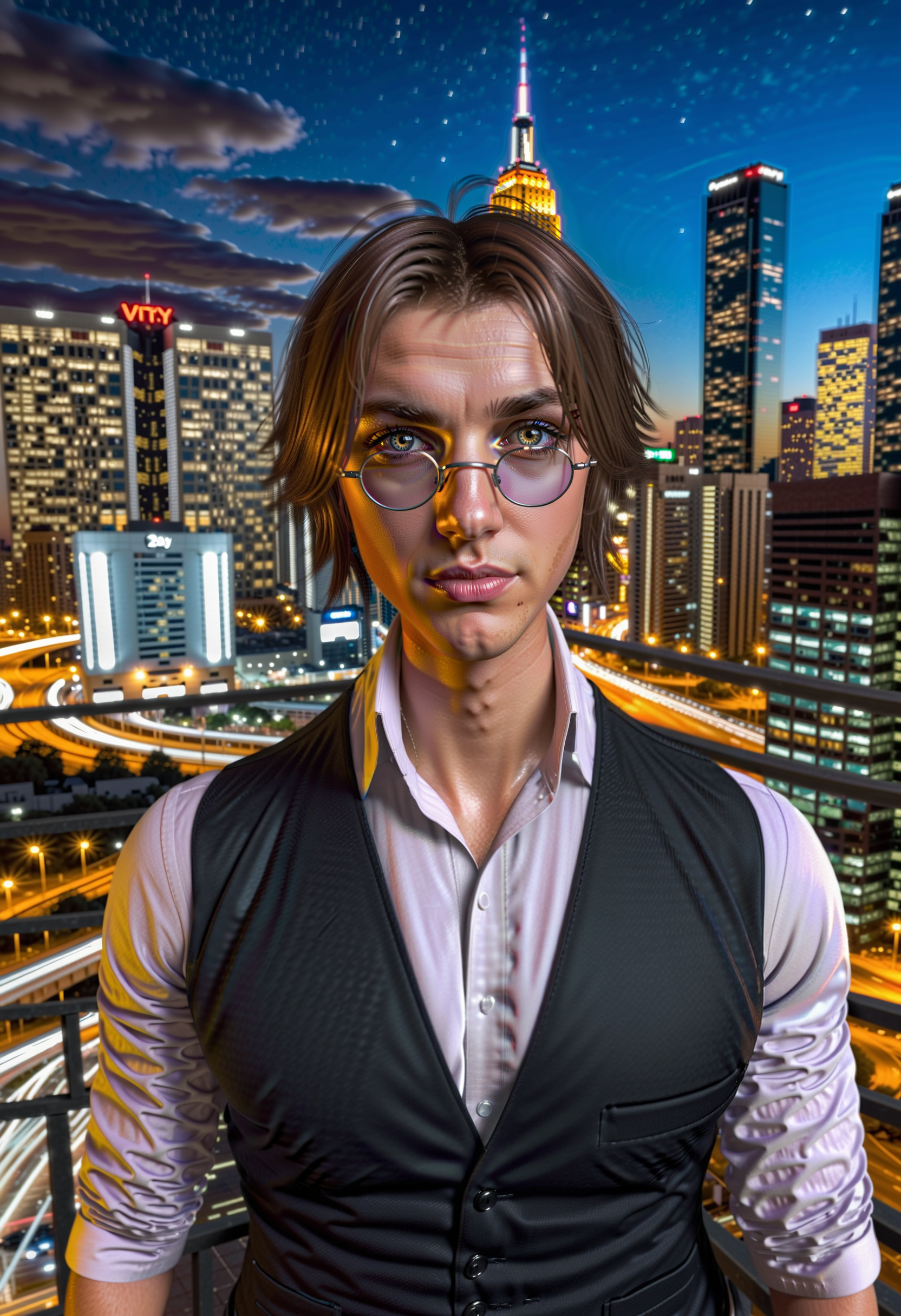 Simon Petrikov,  solo, looking at viewer, short hair, brown hair, shirt, 1boy, white shirt, upper body, male focus, glasses, hair over one eye, vest, lips, night, sunglasses, building, black vest, city, realistic, cityscape, city lights <lora:SimonSexyMan:0.5>