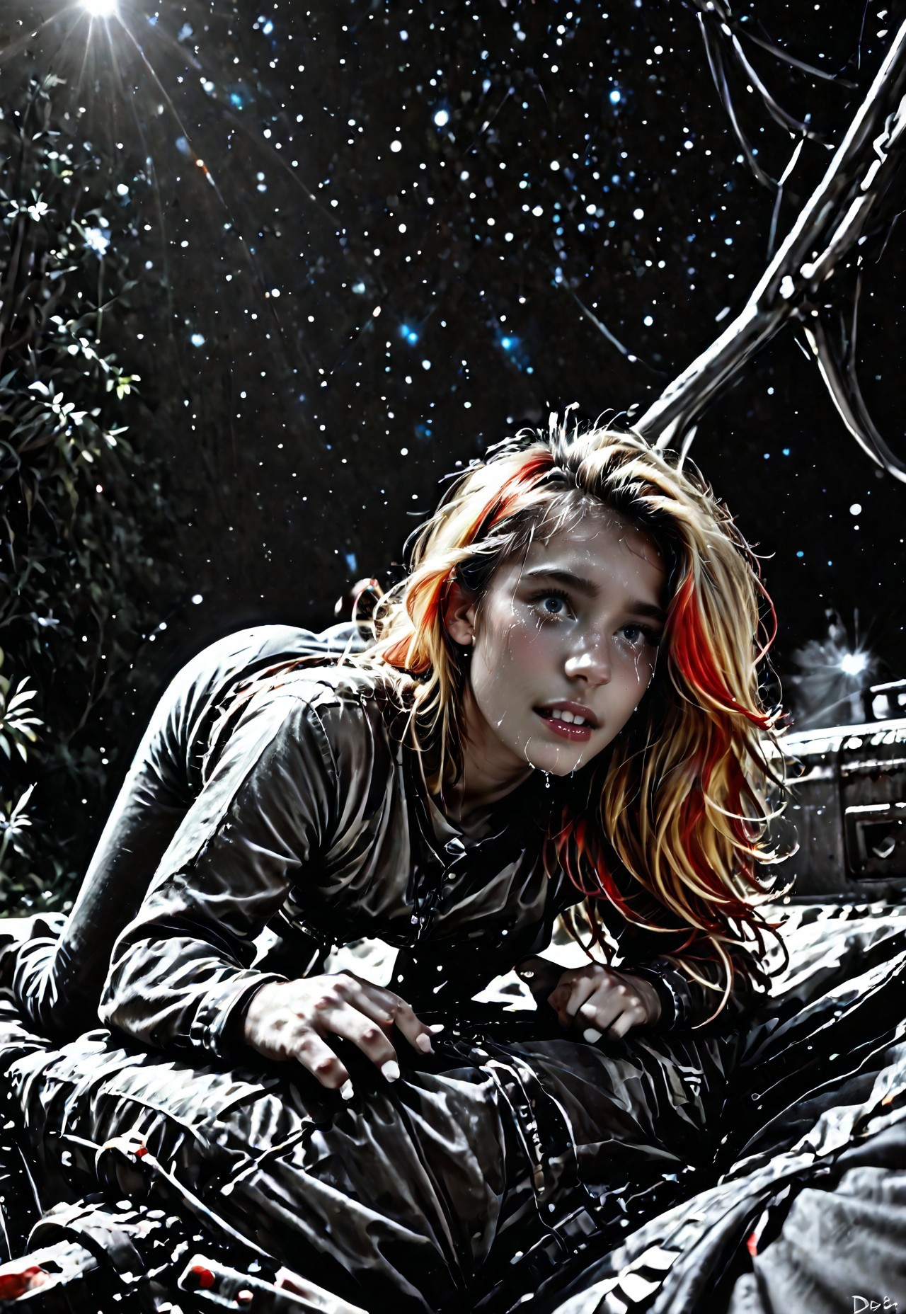 score_9, score_8_up, score_7_up, Realistic, cinematic shot, selective color, monochrome background, 4k, Gadget, side view,
1girl, solo, 
(((Girl in an alien forest, correct hand anatomy, shocked, crying, tears,  on all fours, mouth open, gasping, looking over her shoulder, strained face,  dramatic angle, rear view, view from back, looking back, looking at viewer, from behind, full body shot))), 

blonde, grayscale with red highlights, 18yo, smile, perfect face, stunning, breathtaking face, detailed face, perfect teeth, expressive eyes, extremely cute, medium boobs, round stomach, easynegative, ALRGFC, alluring face, sexy, hetero, flushed, red top of cheek,

Work clothes, space mechanic outfit,

Detailed background, alien jungle, alien flowers, alien fauna, lianas, impossible trees, two moons, outdoors,

pdcUitCU5_, highres, absurdres, in focus, sharp focus, negative_hand,

Stable_Yogis_PDXL_Positives, CyberRealisticPony_POSV1, 