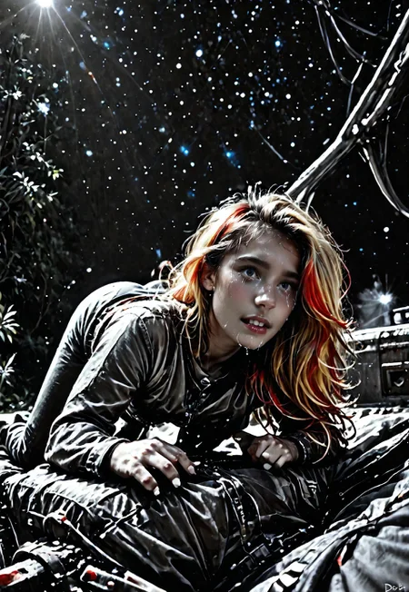 score_9, score_8_up, score_7_up, Realistic, cinematic shot, selective color, monochrome background, 4k, Gadget, side view,
1girl, solo, 
(((Girl in an alien forest, correct hand anatomy, shocked, crying, tears,  on all fours, mouth open, gasping, looking over her shoulder, strained face,  dramatic angle, rear view, view from back, looking back, looking at viewer, from behind, full body shot))), 

blonde, grayscale with red highlights, 18yo, smile, perfect face, stunning, breathtaking face, detailed face, perfect teeth, expressive eyes, extremely cute, medium boobs, round stomach, easynegative, ALRGFC, alluring face, sexy, hetero, flushed, red top of cheek,

Work clothes, space mechanic outfit,

Detailed background, alien jungle, alien flowers, alien fauna, lianas, impossible trees, two moons, outdoors,

pdcUitCU5_, highres, absurdres, in focus, sharp focus, negative_hand,

Stable_Yogis_PDXL_Positives, CyberRealisticPony_POSV1, 