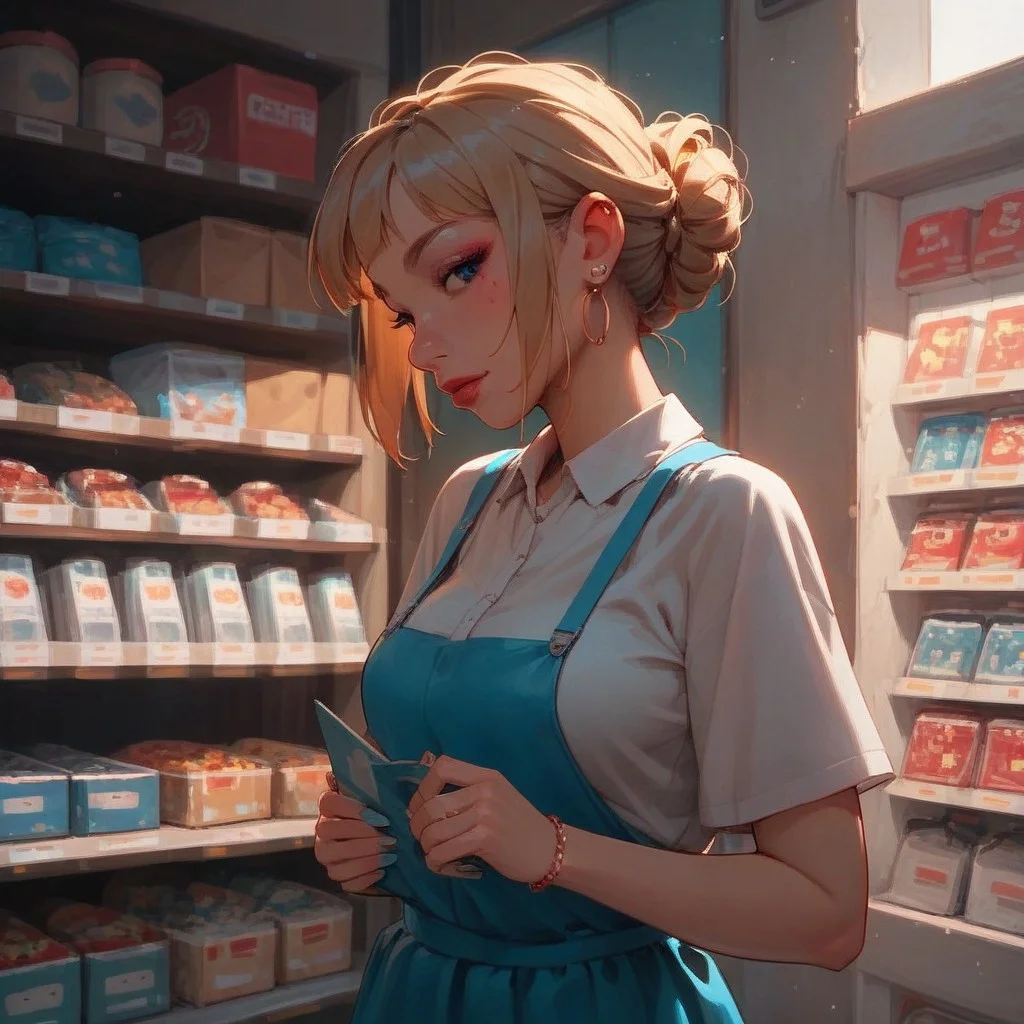 score_9, score_8_up, score_7_up, score_6_up, 1girl, gorgeous woman, kawaii face, 25 years old, blonde woman,
working in a japanese convenience store, company uniform, company hat,