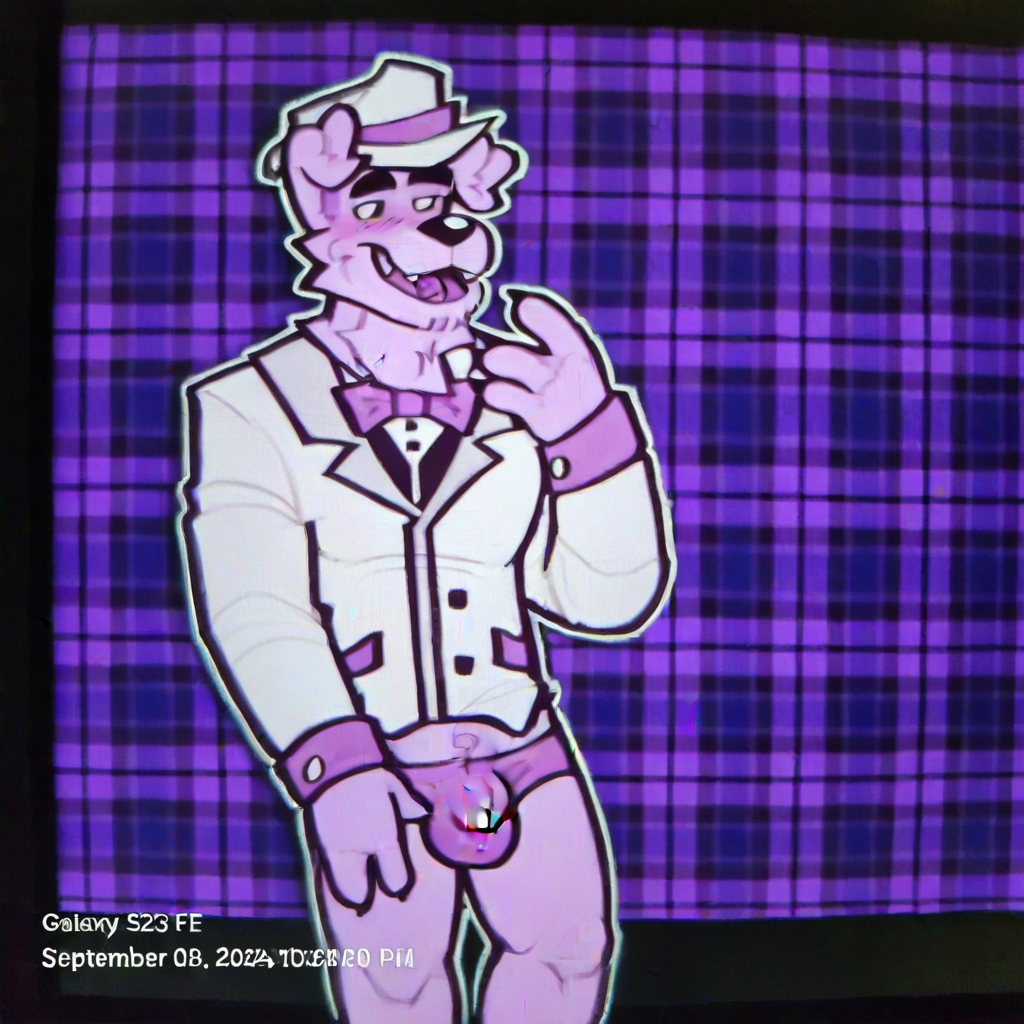 UhYeah mascot, male, Furry, purple fur, dog boy, older, pole dancing at a bar, gay pose, male underwear penis bulge