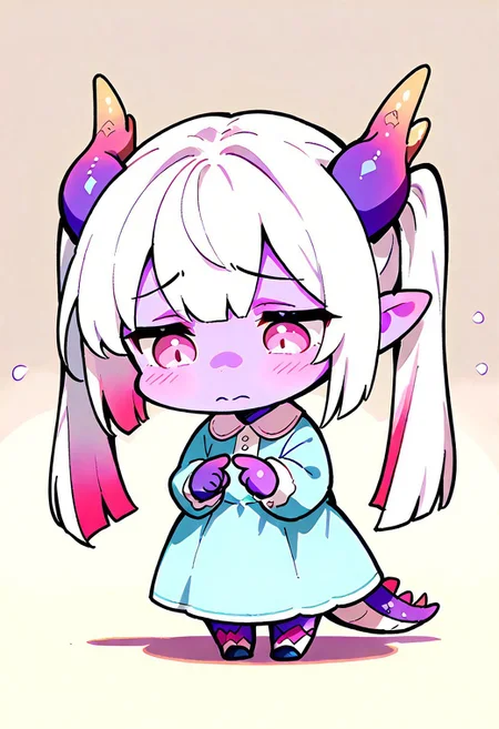 masterpiece, best quality, cute, simple illustration, (dragon: 1.2), (cute:1.2), solo, Female dragon, adult,  dragon horns, Purple scales, purple skin, colored skin, white hair, multicolored hair ends, long hair, pigtails, chibi, pink eyes,  full body, sad, finger points touching, looking down, dress, feets pointing inwards
