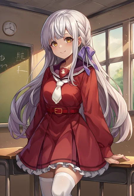 score_9, score_8_up, source_anime, 1girl, solo, KanahoDefault, white hair, long hair, braid, hair ribbon, purple ribbon, red serafuku, long sleeves, white necktie, red belt, red skirt, frills, white thighhighs, indoors, window, classroom, smile, <lora:ChamKonKanahoPonyXL:1>