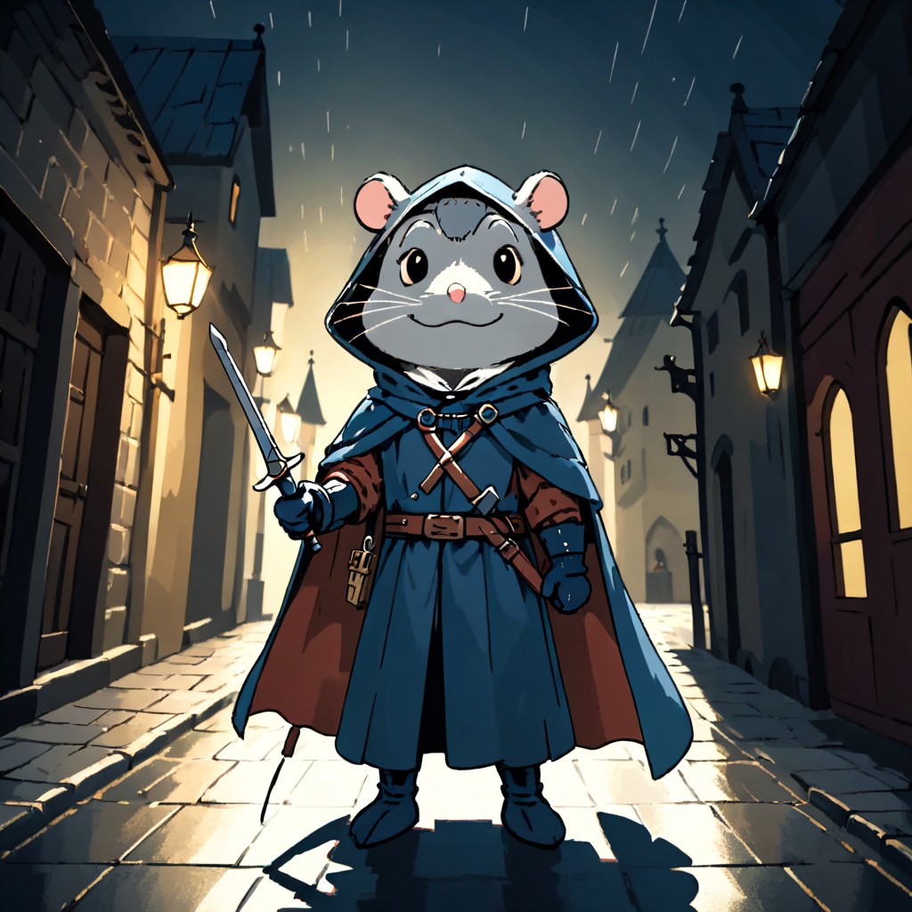 highly detailed analog photo of rat folk,
solo, looking at viewer, gloves, hood up, hood, cloak, belt, holding sword, blurry background, depth of field, medieval street, night
masterpiece, best quality, 8k,
intricate details, depth of field,
(analogue photography:1.25),
(soft lighting:1.3),
(shadow play:1.4),
,<lora:anpan:0.7>