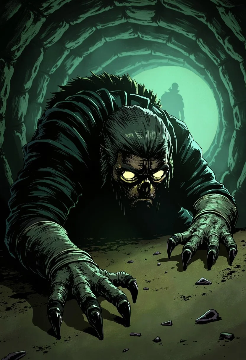 ArcaneFGTNR, A giant mole with claws like tree roots digs into the earth, creating tunnels that glow faintly with bioluminescent fungi. The camera follows its digging motion from the side
