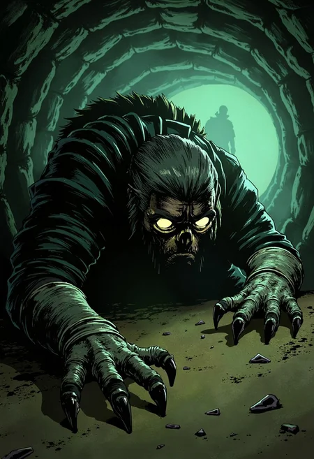 ArcaneFGTNR, A giant mole with claws like tree roots digs into the earth, creating tunnels that glow faintly with bioluminescent fungi. The camera follows its digging motion from the side